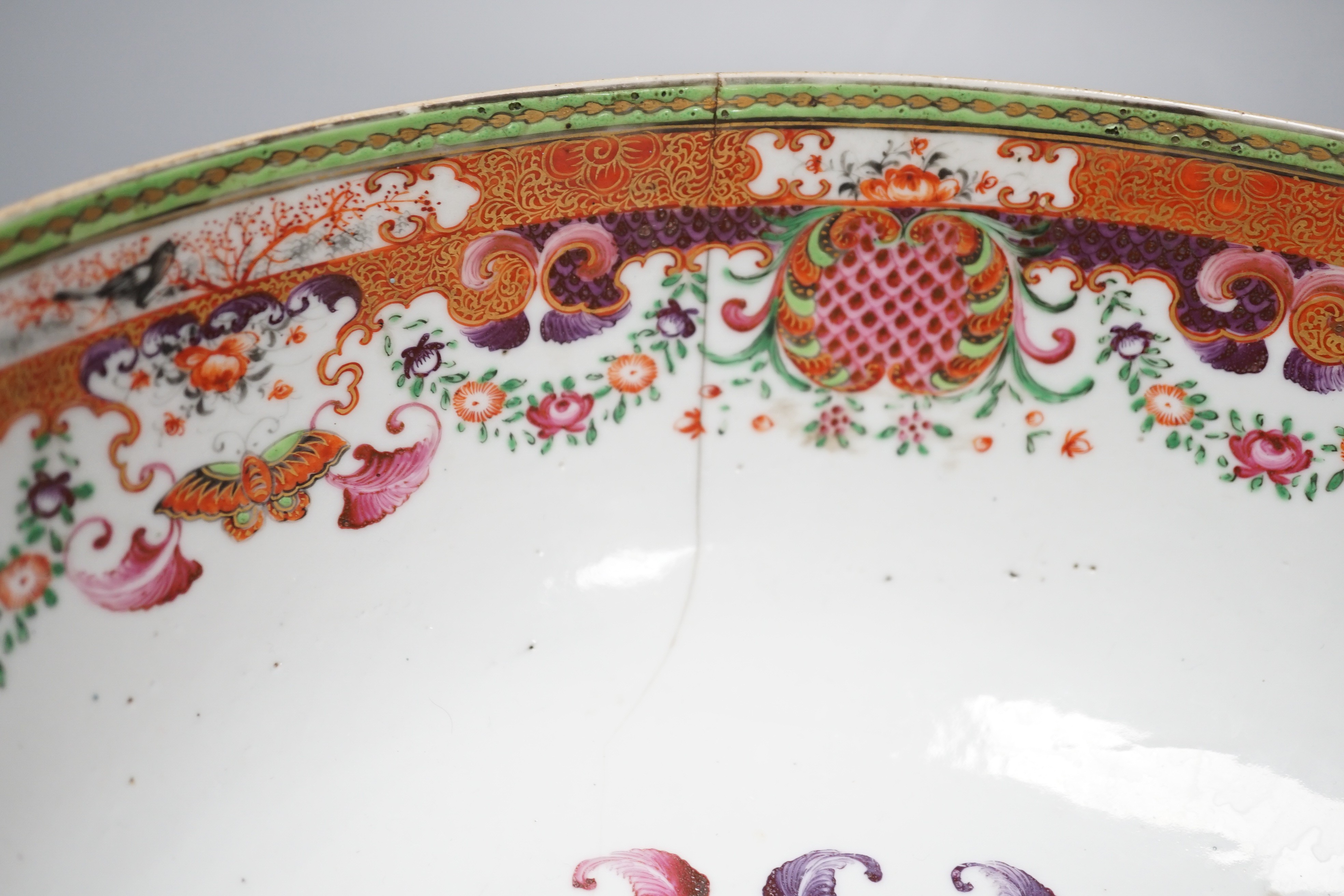 An 18th century Chinese export mandarin pattern porcelain bowl with hardwood stand 28.5cm diameter